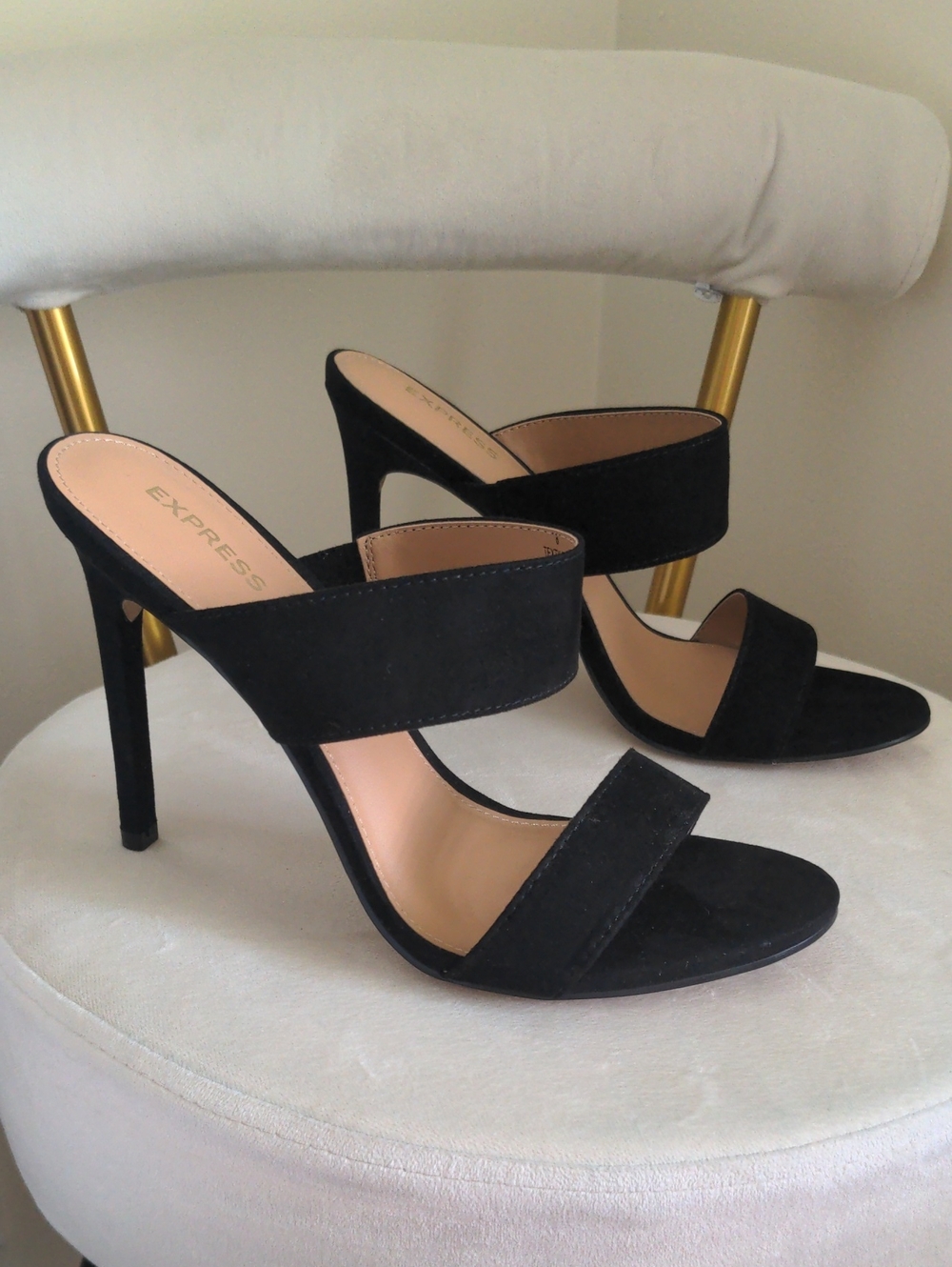 Express Black Faux Suede Double Band Mule Heels Size 8 NWT Open Toe